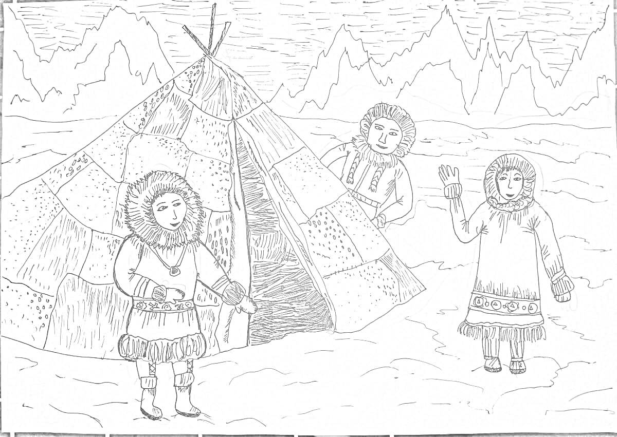 На раскраске изображено: Ненцы, Чум, Зима, Снег, Горы, Традиционная одежда, Север