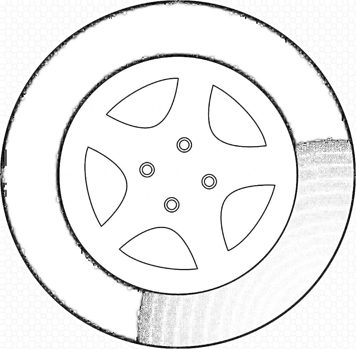Раскраска Чёрно-белое раскраска цилиндрического автомобильного колеса с пятью отверстиями и четырьмя спицами
