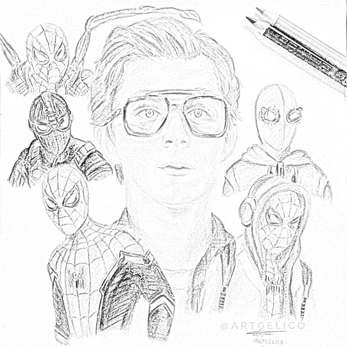 Раскраска портрет мальчика в очках с персонажами в костюмах супергероя-паука