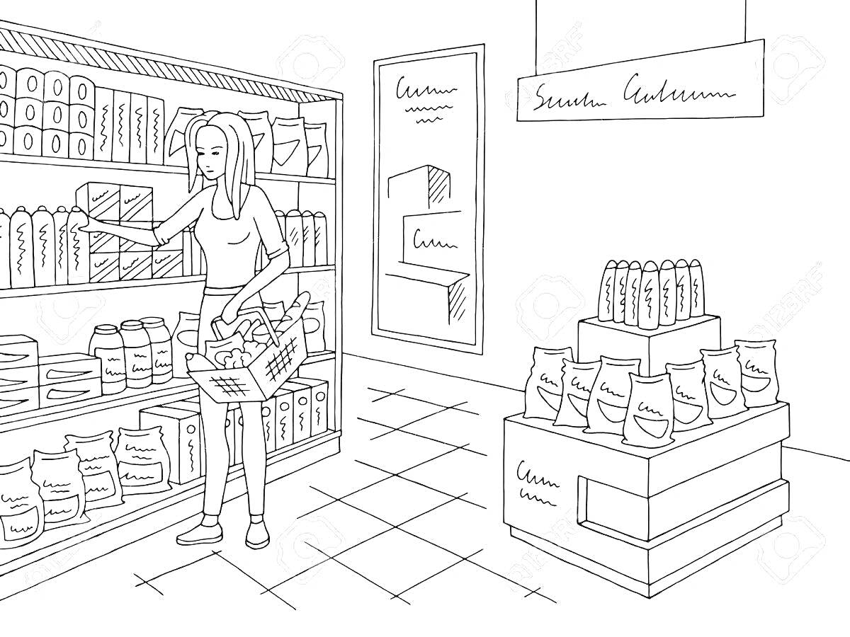 Раскраска женщина, выбирающая продукты в продуктовом магазине, полки с товарами, корзина с продуктами, стойка с пакетами и бутылками, дверной проем с рекламой.
