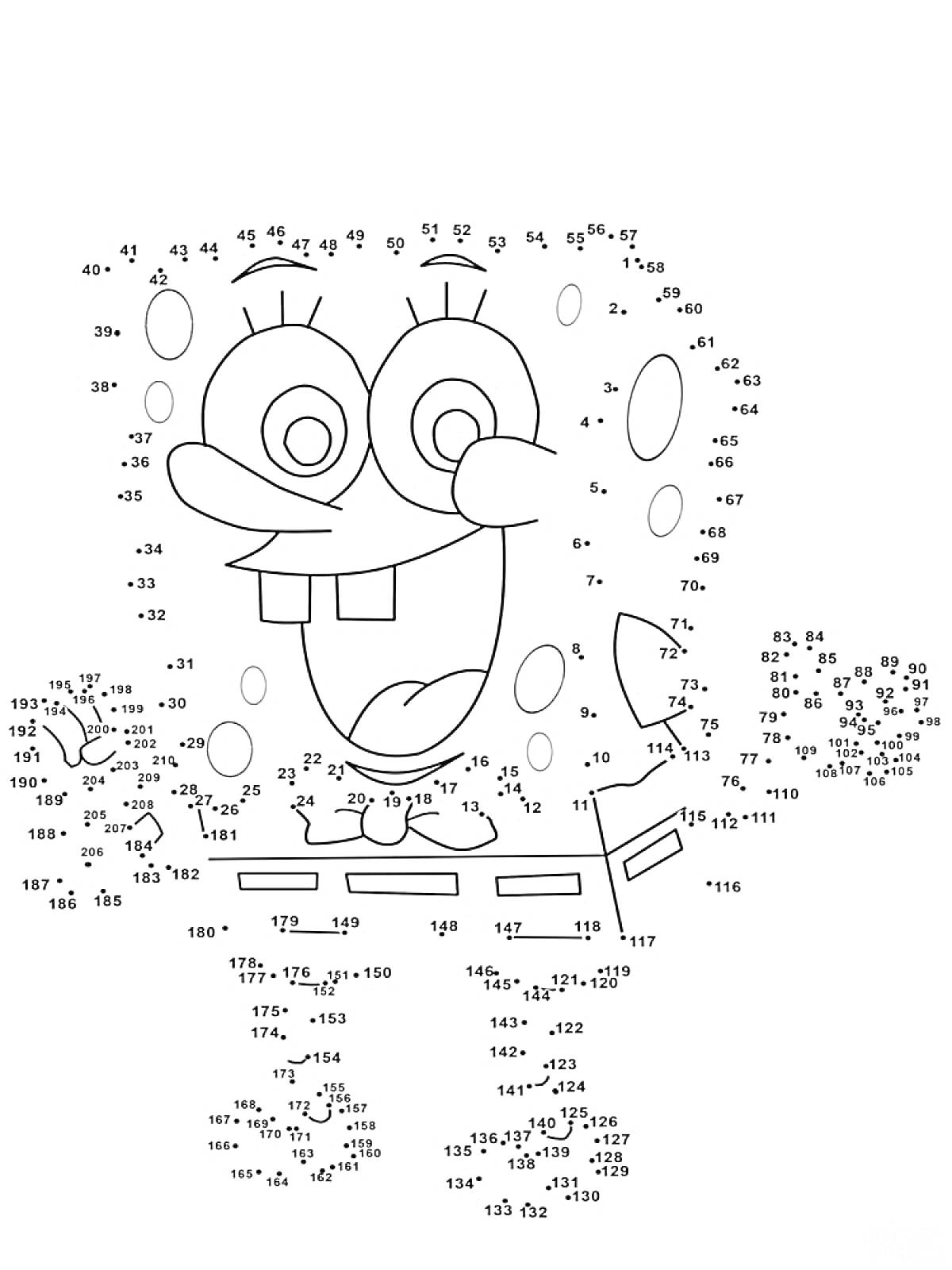 Раскраска Раскраска по точкам с изображением персонажа мультфильма со множеством точек для соединения и деталями лица