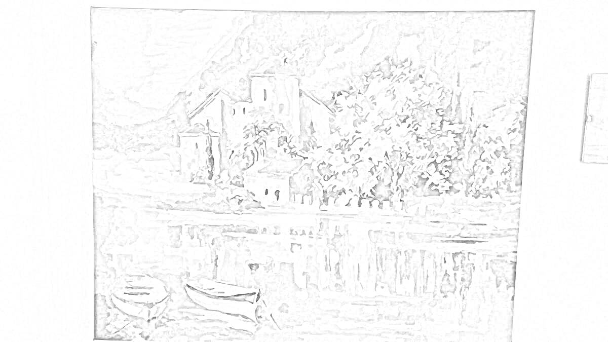 Раскраска Пейзаж с рекой, лодками и домом