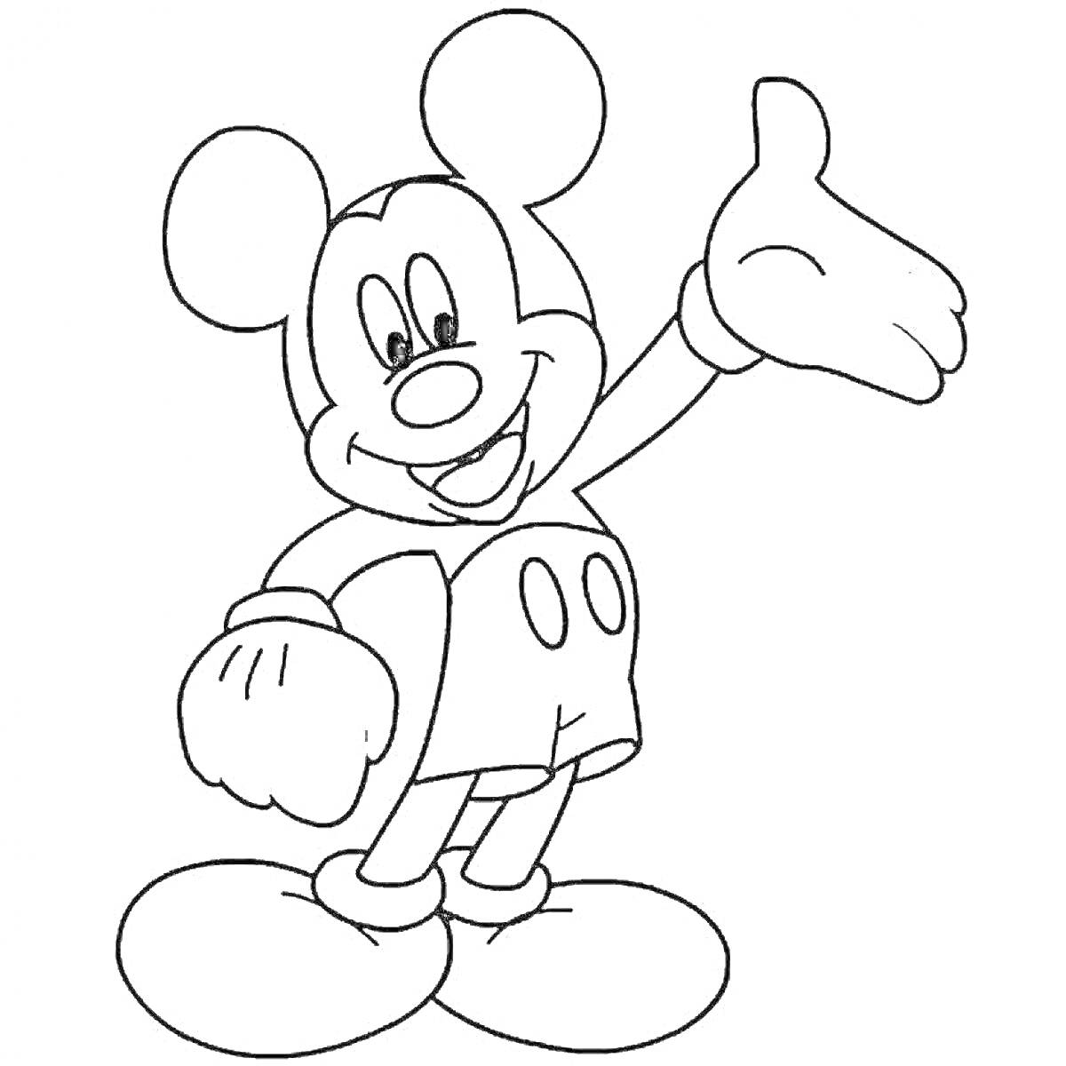 На раскраске изображено: Микки Маус, Из мультфильмов, Персонаж, Большие уши, Для детей, Поднятые руки