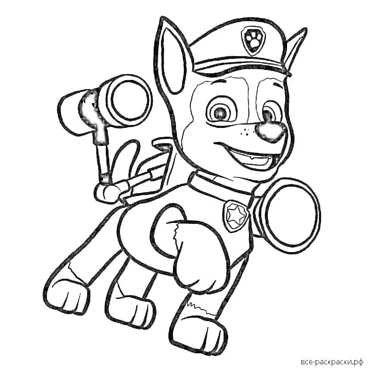 Раскраска Собака в шляпе с эмблемой, с рюкзаком и фонарем