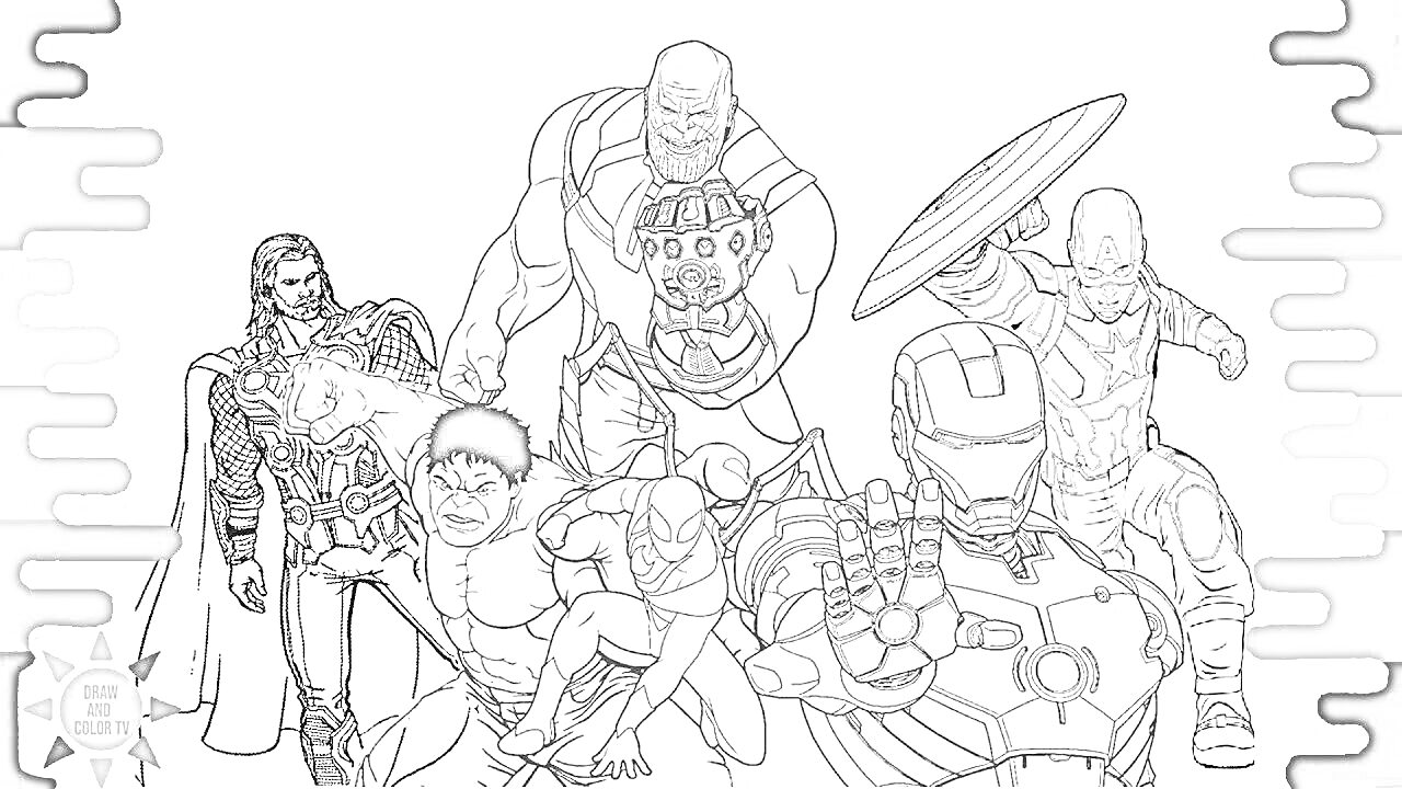 На раскраске изображено: Халк, Танос, Тор, Капитан Америка, Железный Человек, Человек-муравей, Супергерои, Комиксы