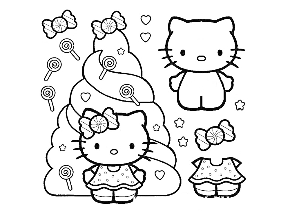 Раскраска Китти и конфетное дерево, персонаж, конфеты, платья, бантики, звезды и сердечки