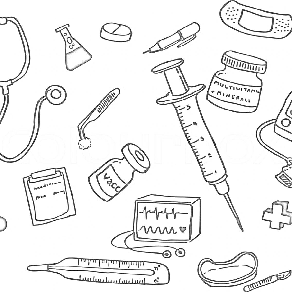 На раскраске изображено: Медицинские инструменты, Стетоскоп, Шприц, Лекарства, Таблетки, Пластырь, Клипборд, Градусник, Маска, Зубная щетка