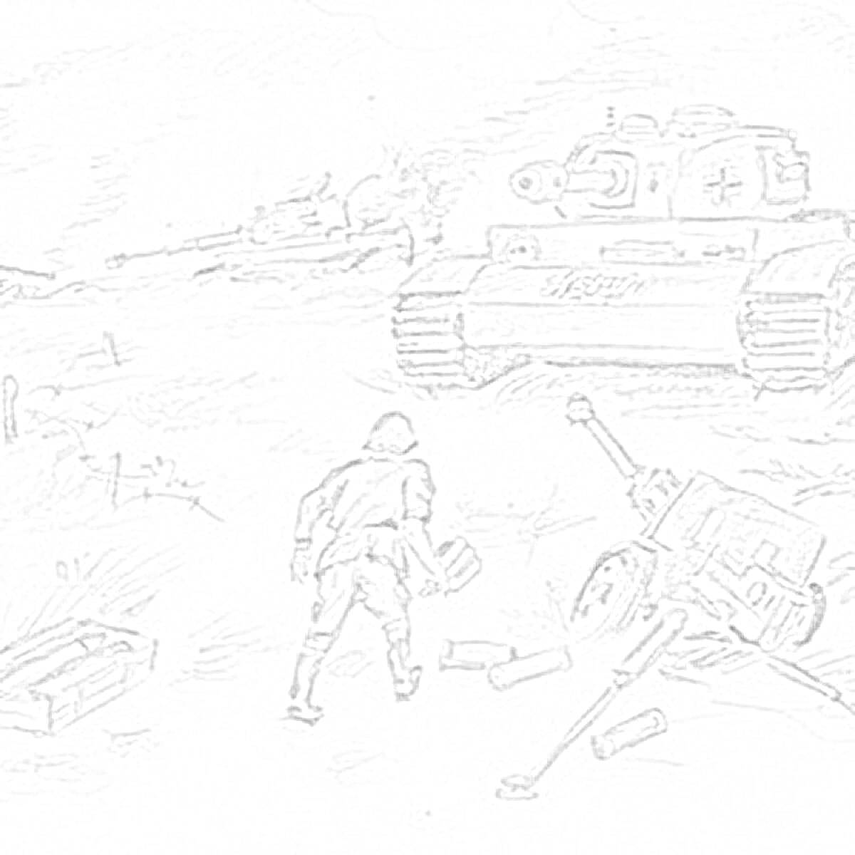 Раскраска Солдат и разрушенная техника на поле боя в Сталинграде