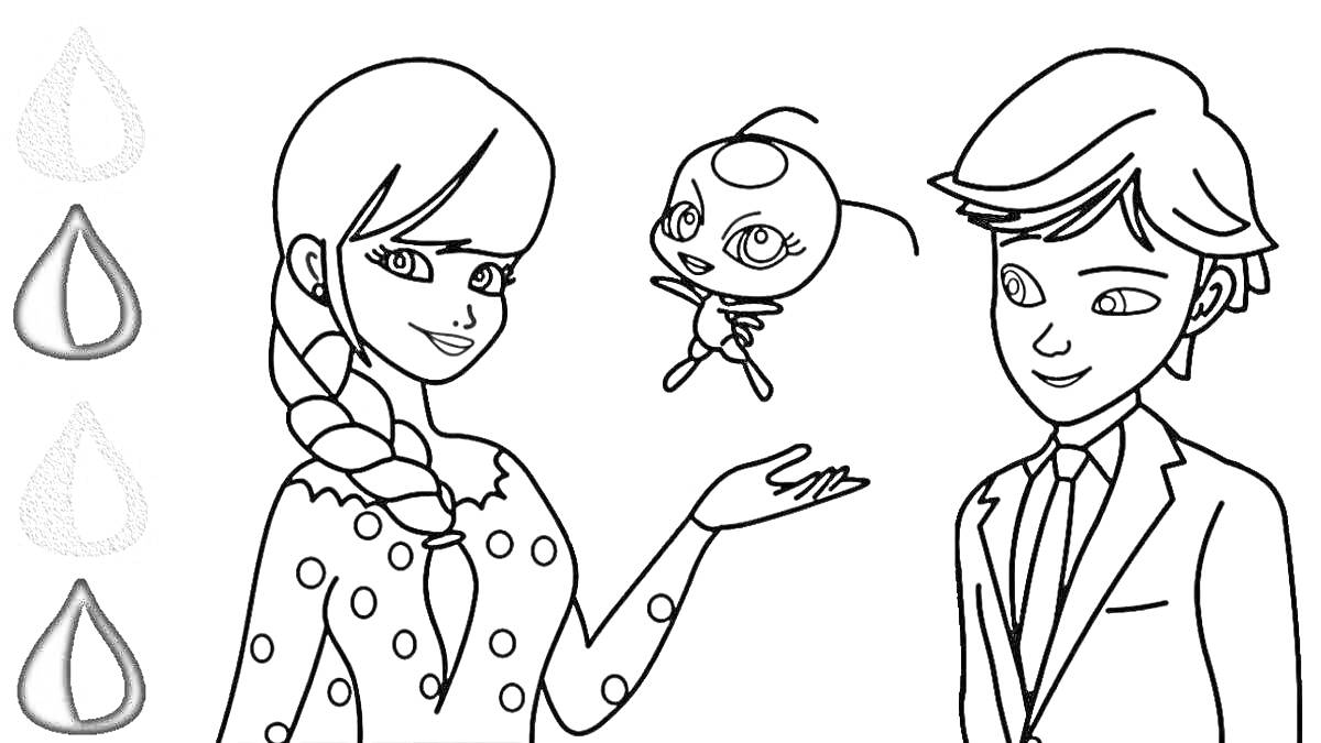 Раскраска Девушка с косичкой, держит маленького существа на своей ладони, мальчик в костюме, капли воды в трех оттенках синего