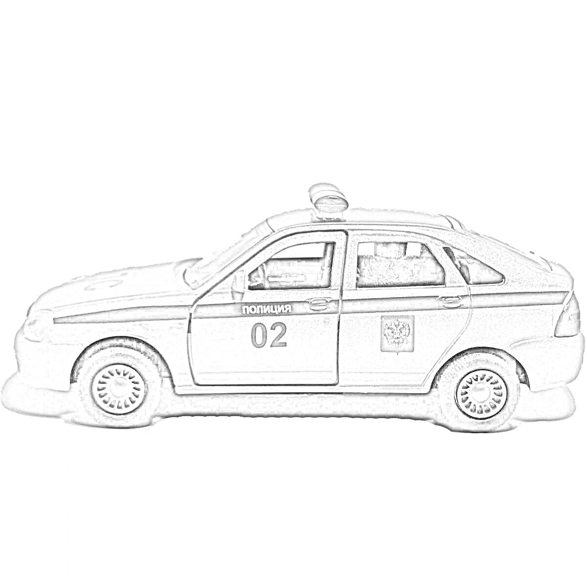 На раскраске изображено: Полицейская машина, Номер 02, Технопарк, Транспорт, Авто, Патруль