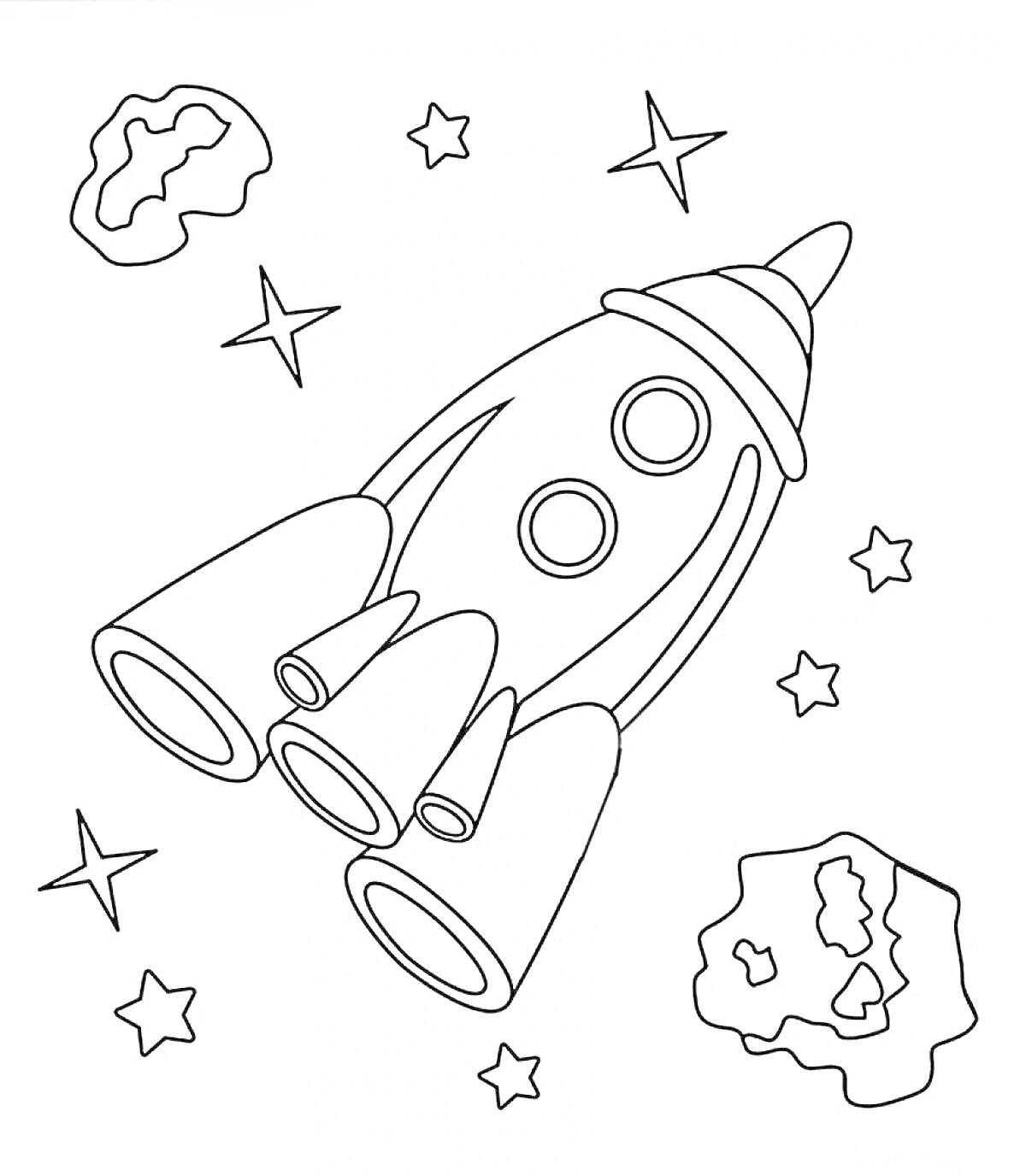 На раскраске изображено: Ракета, Космос, Астероиды, Звезды, Наука, Пространство, Летательный аппарат