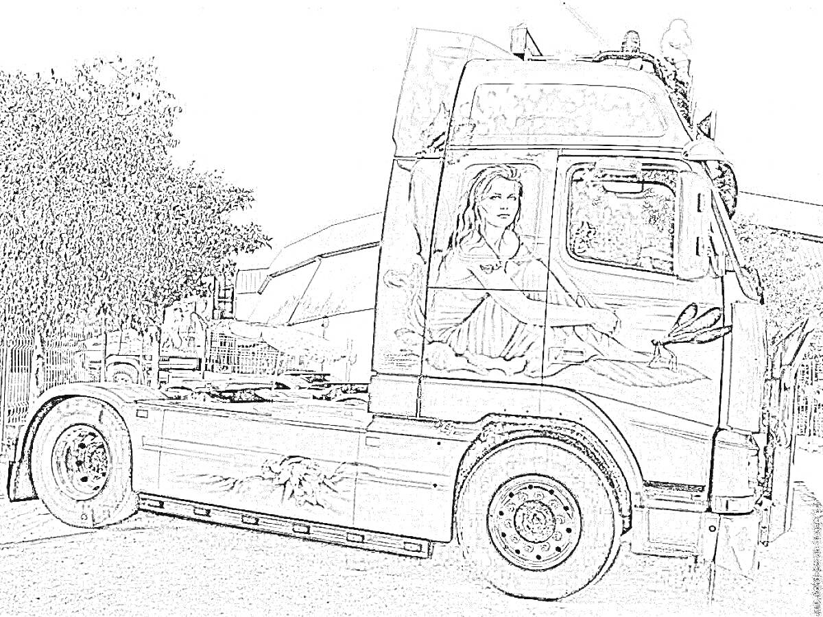 Раскраска Грузовик с портретом девушки на кузове, деревья на фоне, частично видимая дорога