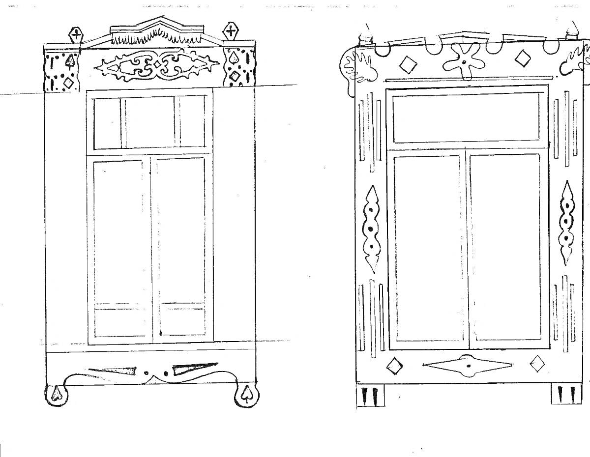 Наличники с узорами и декором в верхней и нижней частях окон