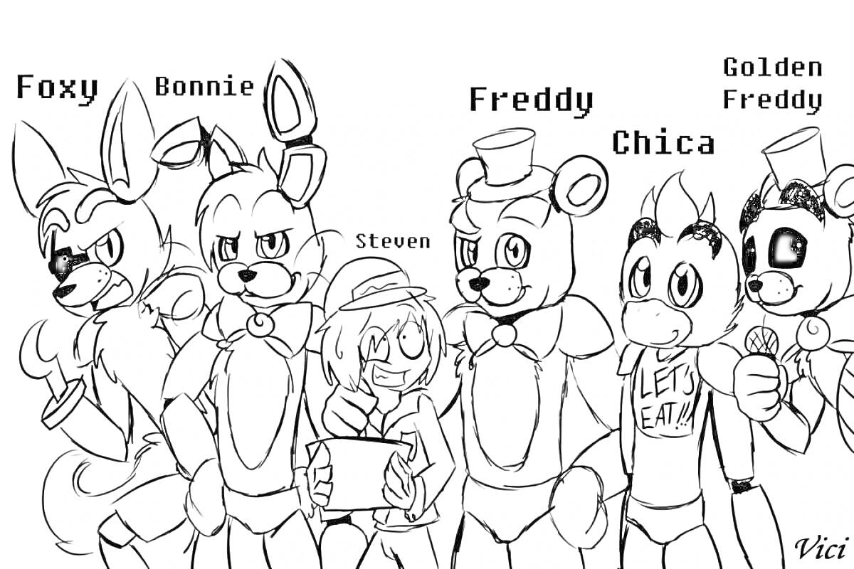 Раскраска Foxy, Bonnie, Steven, Freddy, Chica и Golden Freddy из FNAF 2