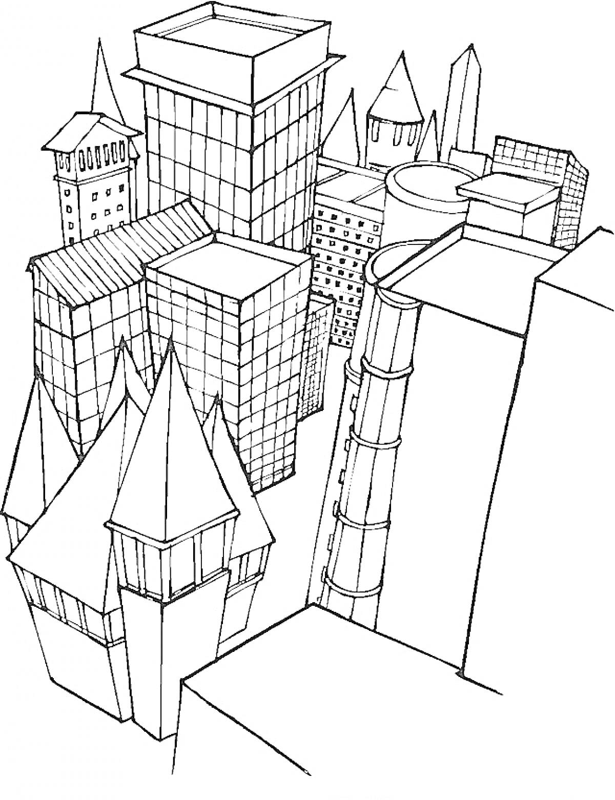 Раскраска Современный город с небоскрёбами и башнями
