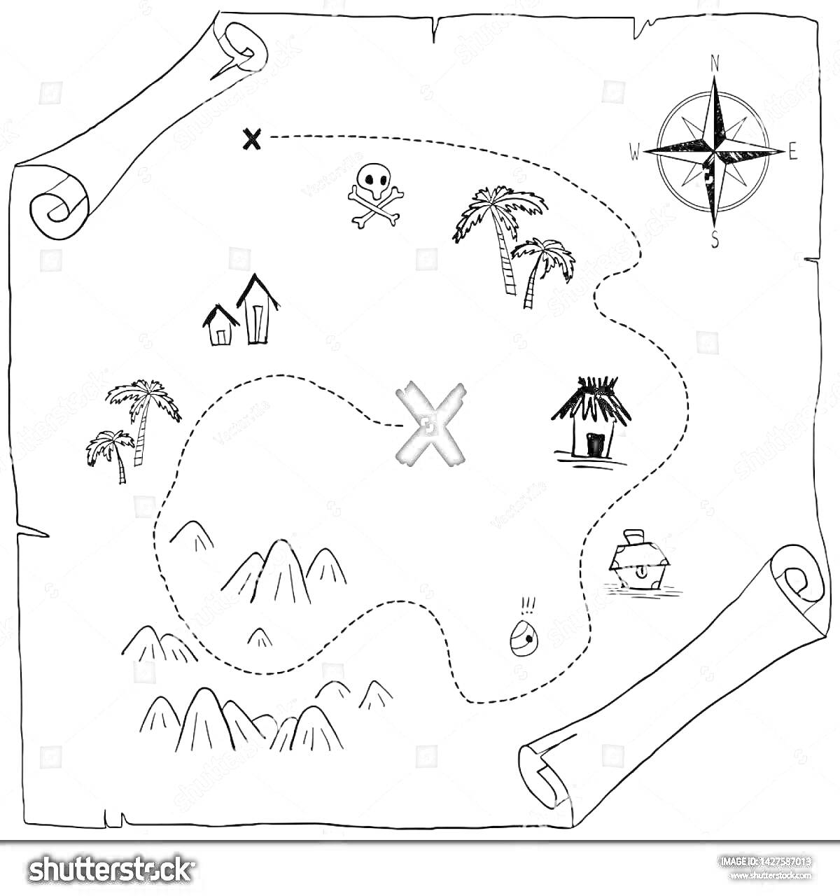 Раскраска Карта сокровищ с домиками, черепом и костями, пиратским кораблем, пальмами, компасом, горами, яйцом и хижиной