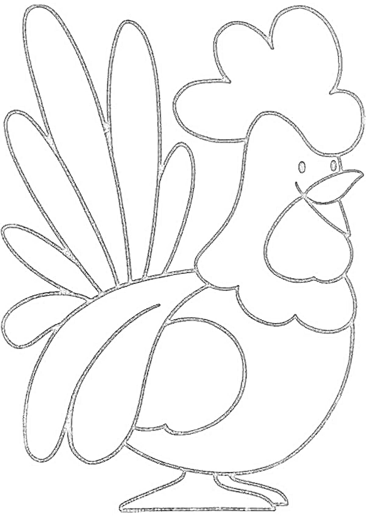 На раскраске изображено: Для малышей, 2-3 года, Птица, Большой хвост, Гребень
