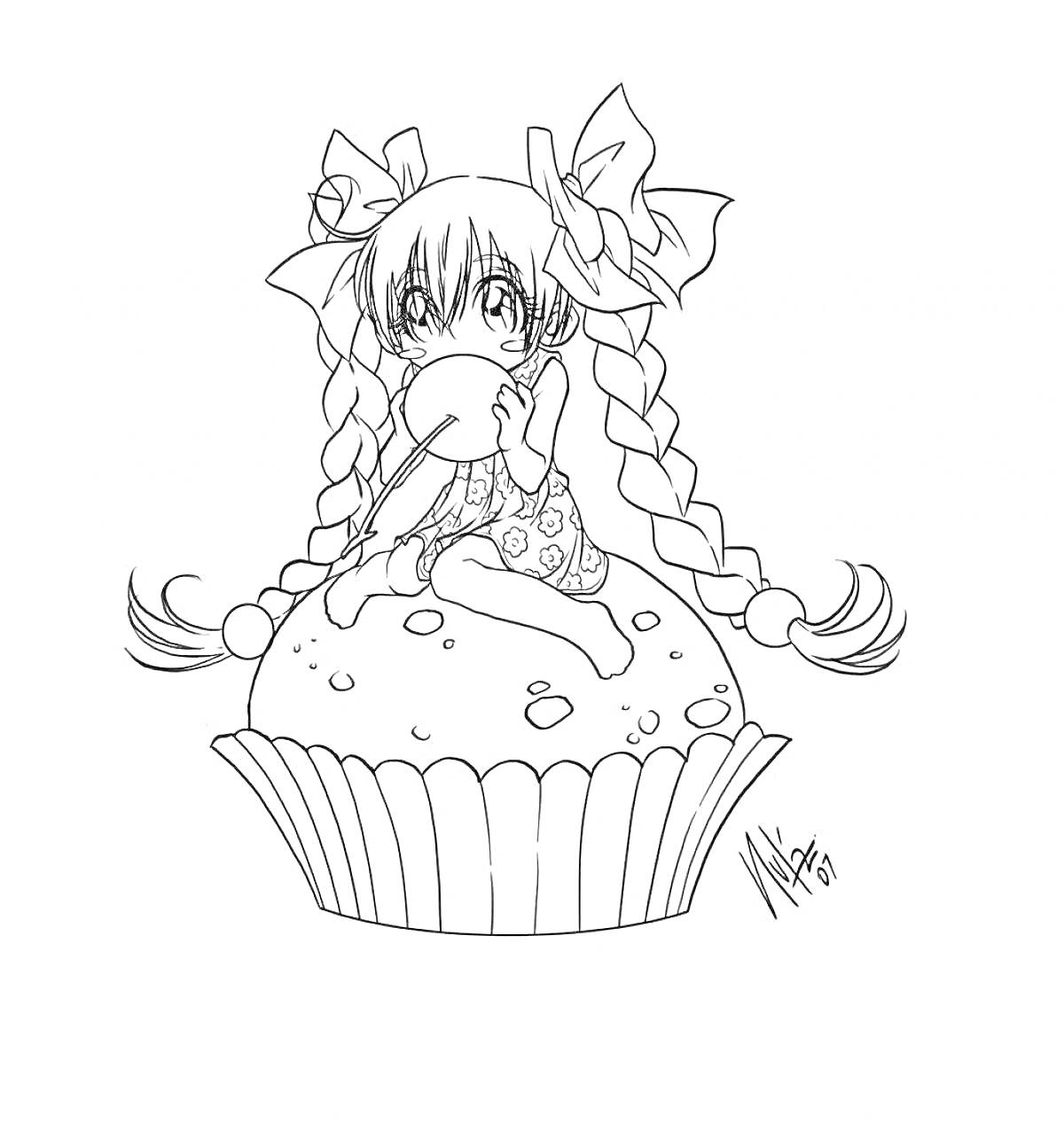 Раскраска Аниме девочка с косичками на кексе с луками в волосах