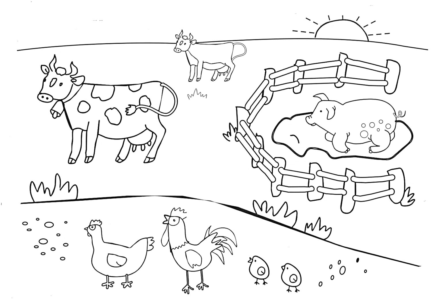 На раскраске изображено: Корова, Теленок, Загон, Петух, Цыплята, Трава, Ферма, Животные, Солнце