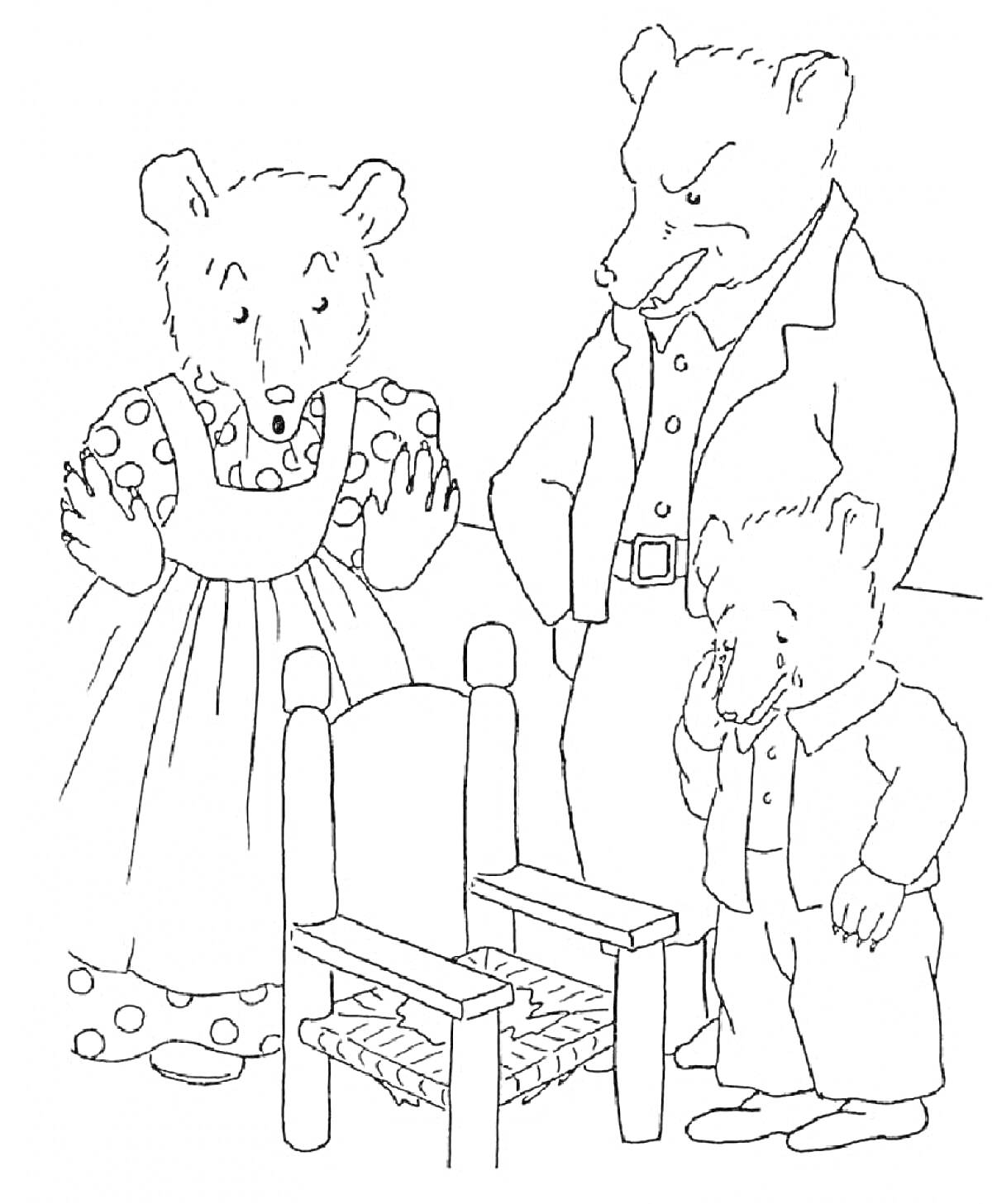 На раскраске изображено: Три медведя, Стул, Медведь