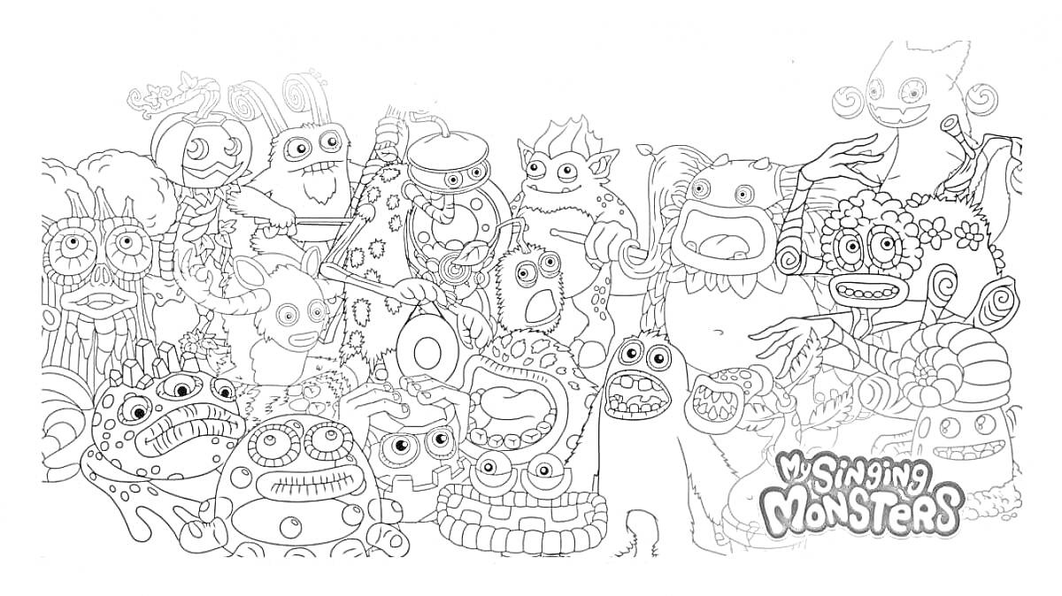 Раскраска поющие монстры с логотипом My Singing Monsters, группа разнообразных монстров с различными инструментами и выражениями лиц
