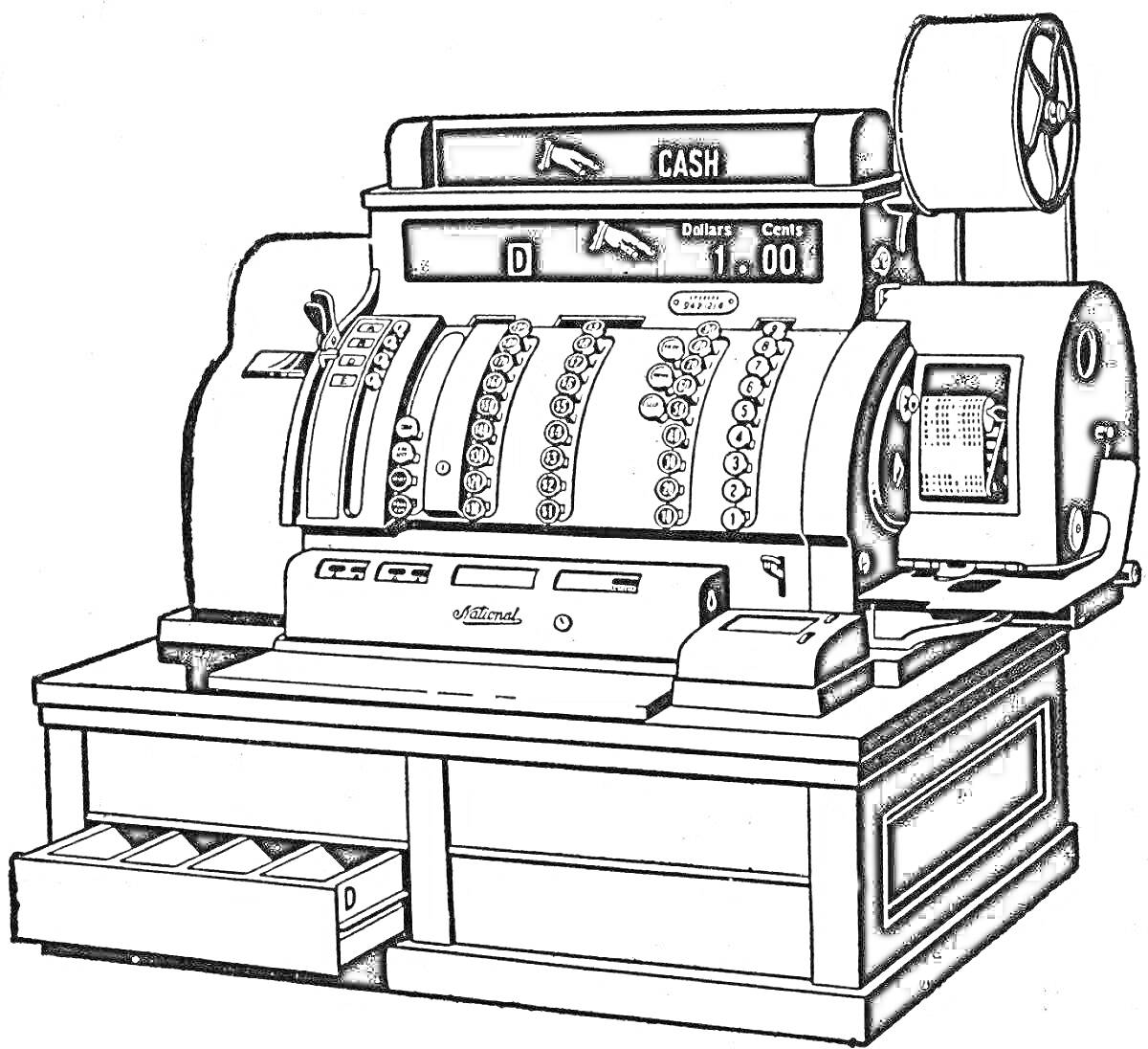 На раскраске изображено: Кассовый аппарат, Клавиши, Дисплей, Монеты, Магазин, Деньги, Расчеты