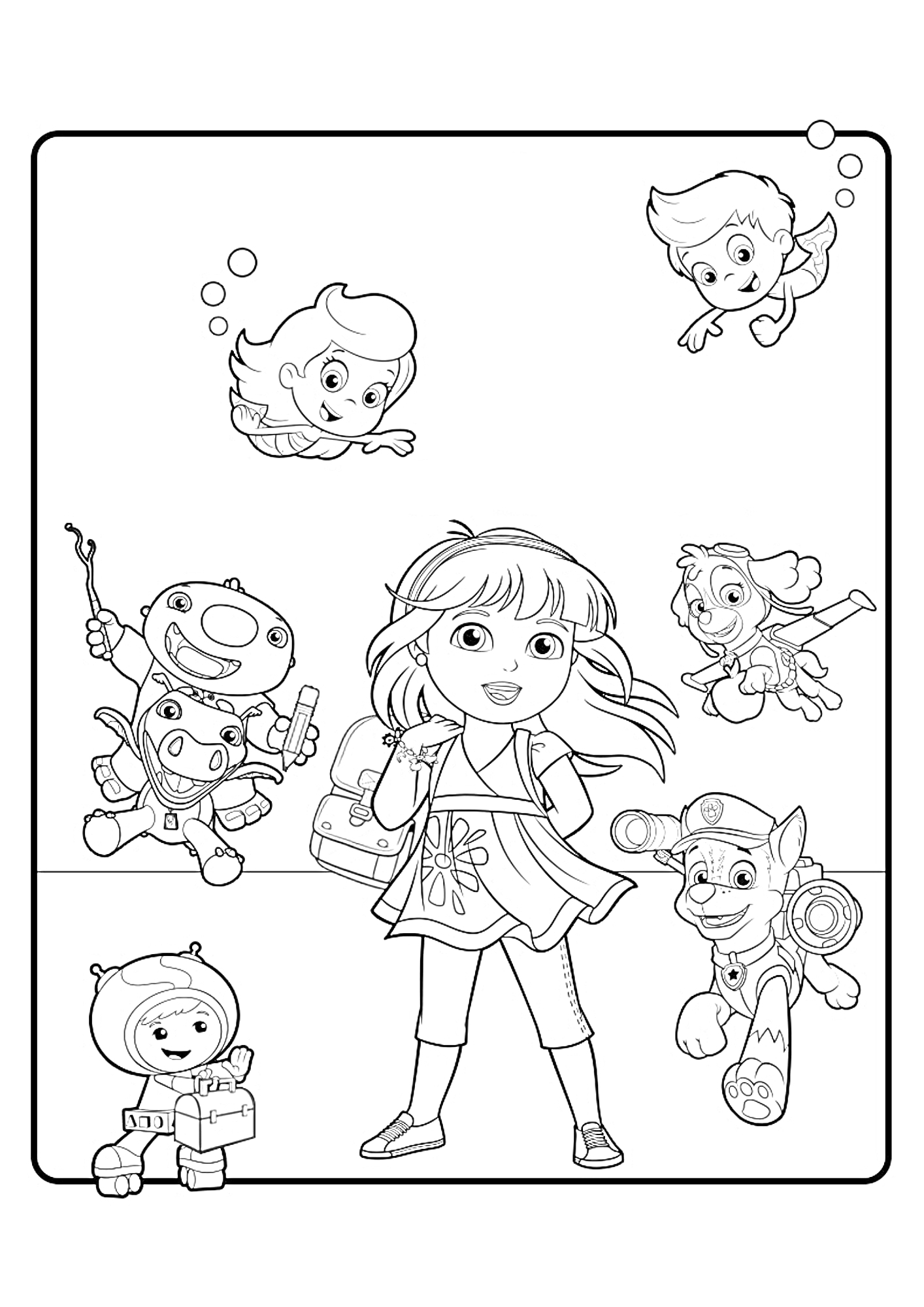 Даша с рюкзаком и друзьями - мальчик с подводной маской, девочка с подводной маской, робот с палочкой, щенок в шлеме, дитя в скафандре, и девочка с крыльями.