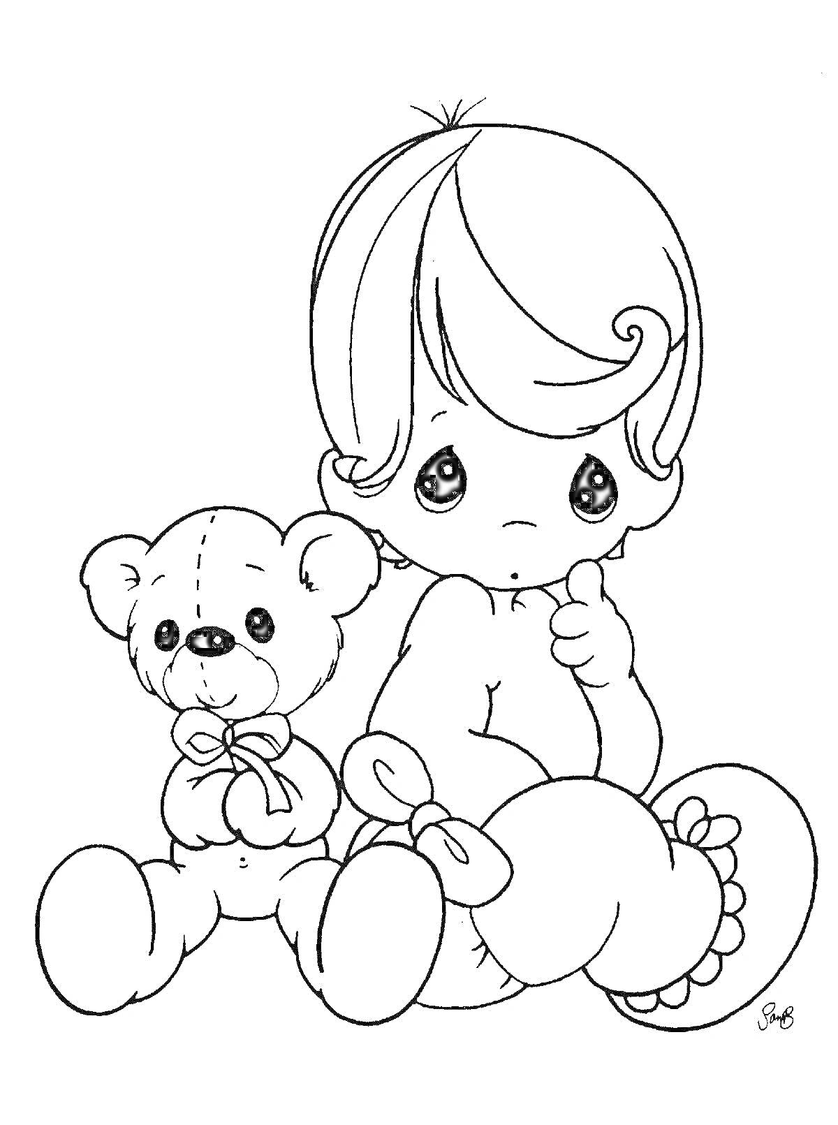 На раскраске изображено: Малыш, Плюшевый медведь, Кукла, Ребенок, Контурные рисунки