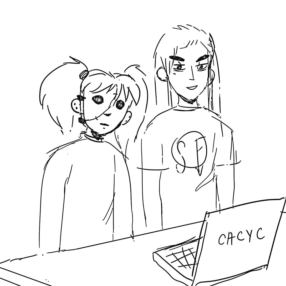 Раскраска Два персонажа стоят перед ноутбуком с надписью 