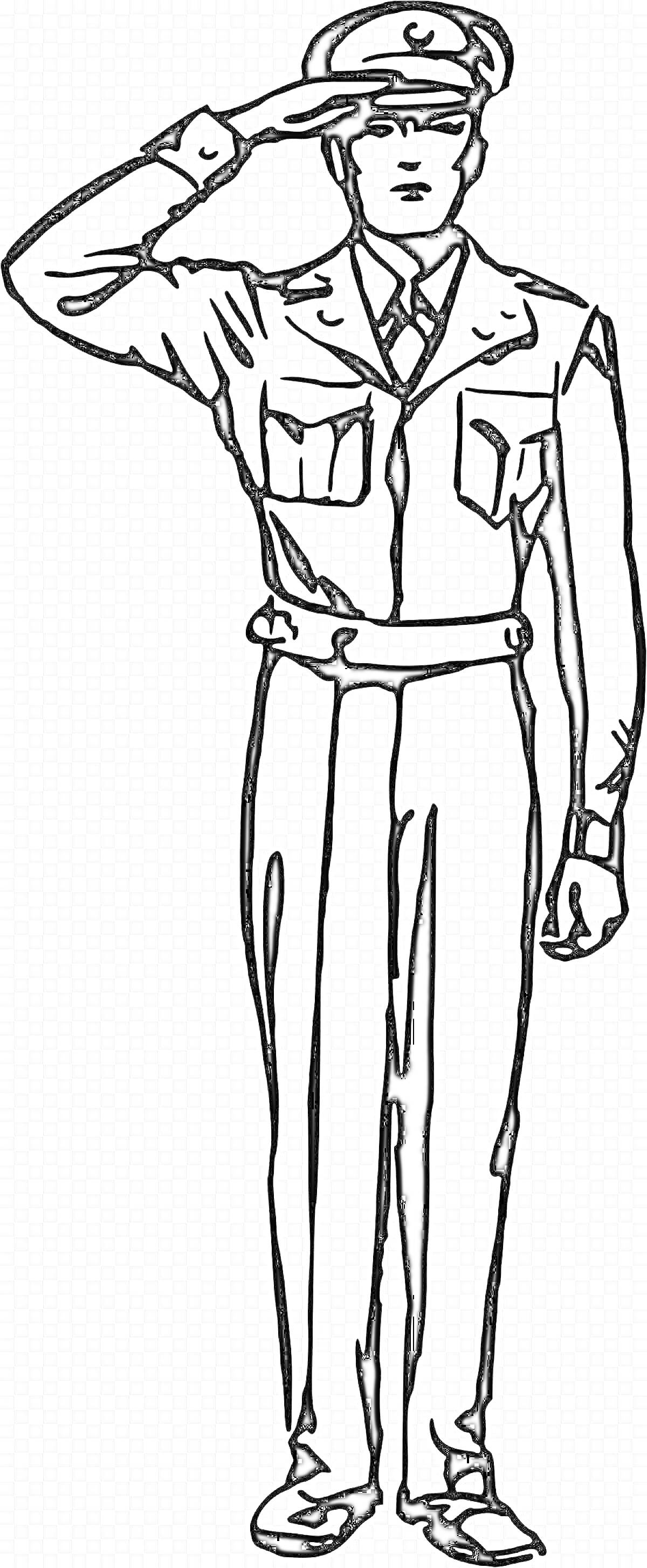 Раскраска Военный человек, отдающий честь в форменной одежде с погонами и фуражкой.