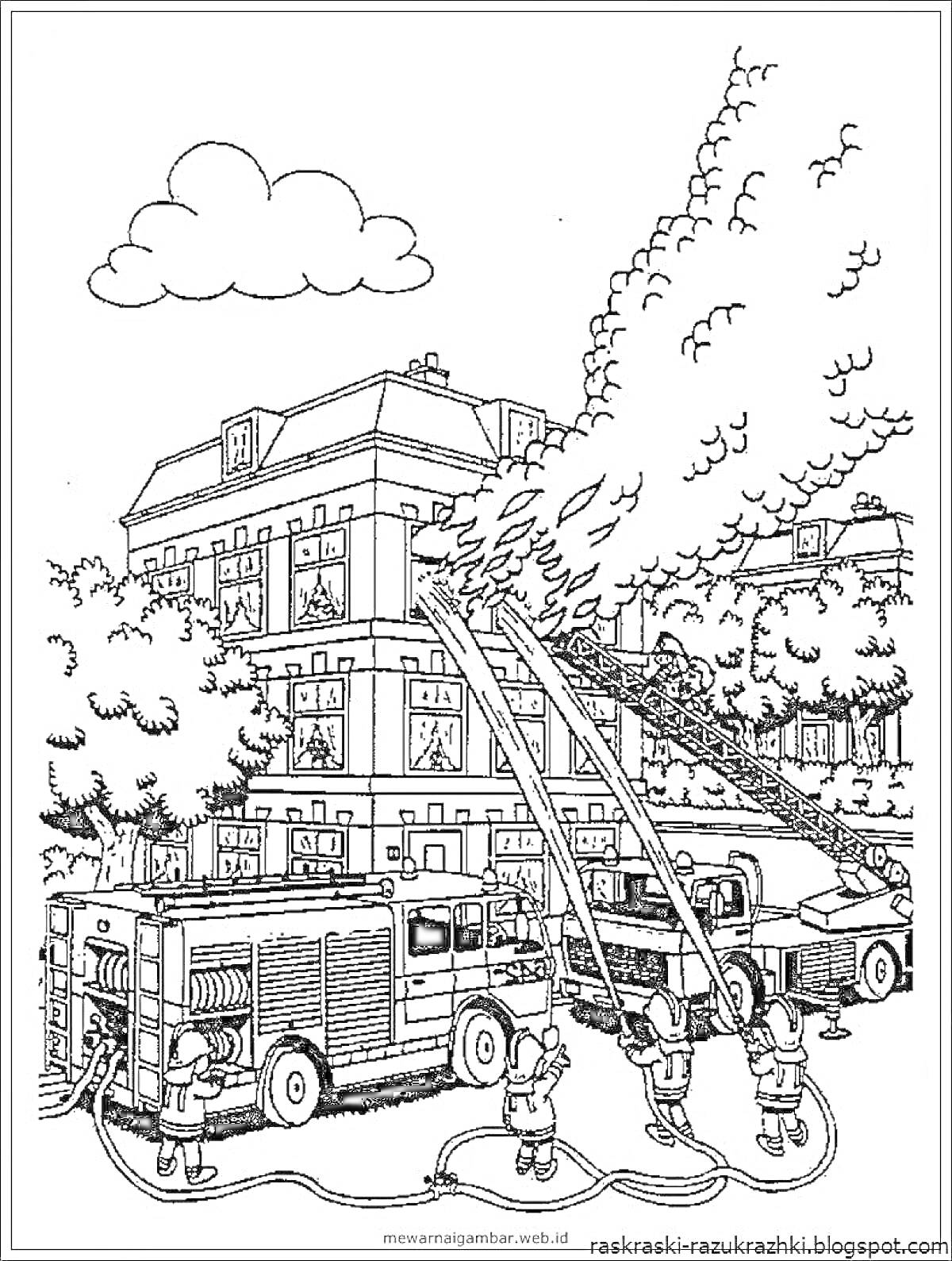 На раскраске изображено: Пожарные, Пожар, Тушение пожара, Пожарные машины, Здание, Дым