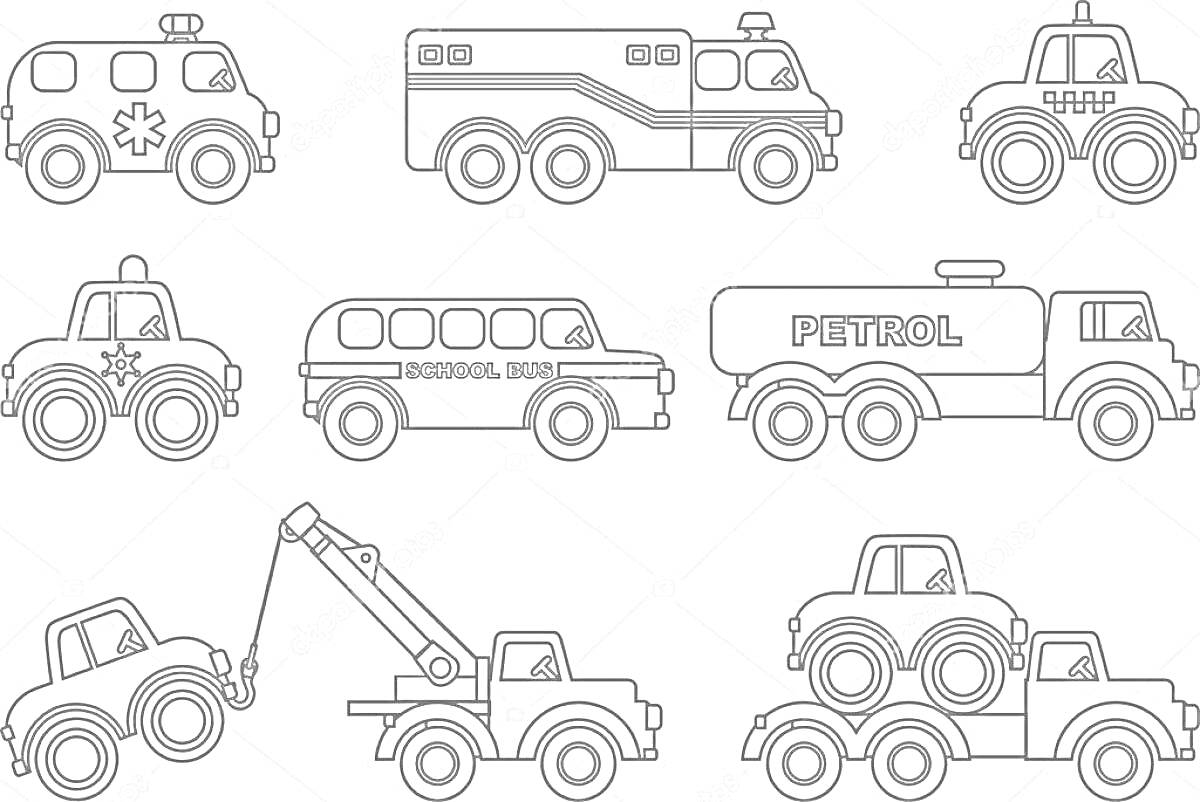 маленькие машинки, включая скорую помощь, пожарную машину, джип, полицейскую машину, школьный автобус, бензовоз, грузовик с подъемным краном и эвакуатор с грузовиком