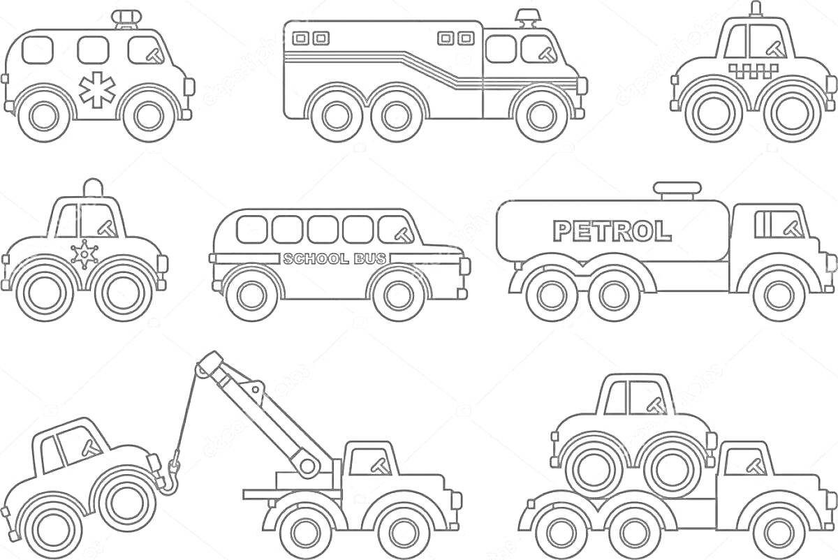 На раскраске изображено: Скорая помощь, Пожарная машина, Джип, Полицейская машина, Школьный автобус, Бензовоз, Подъемный кран, Эвакуатор, Грузовая машина