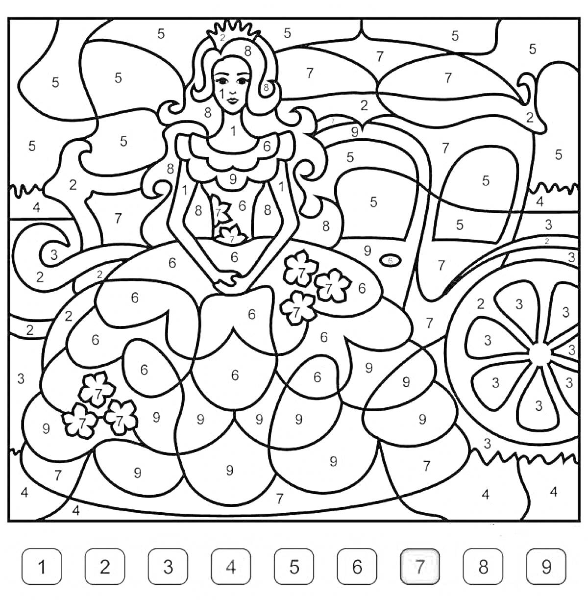 На раскраске изображено: Принцесса, Карета, Цветной код, Цвет по номеру, Цветы, Корона