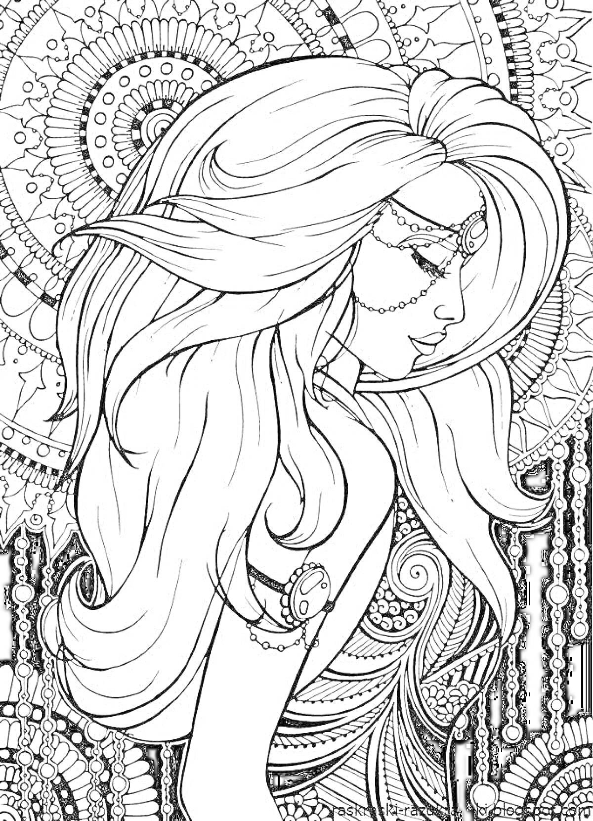 Раскраска Девушка с длинными волосами и украшениями на фоне мандалы