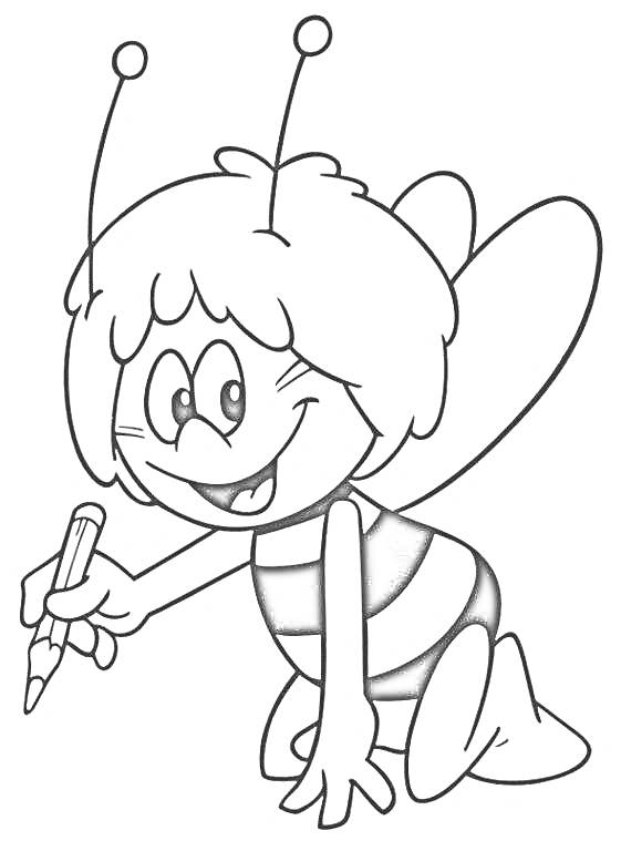 Пчелка Майя, улыбается и держит карандаш в руке