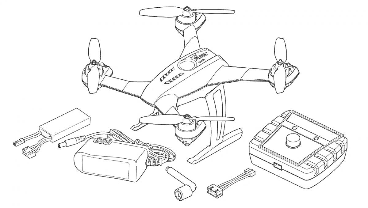 Раскраска Дрон с пультом управления и зарядными аксессуарами