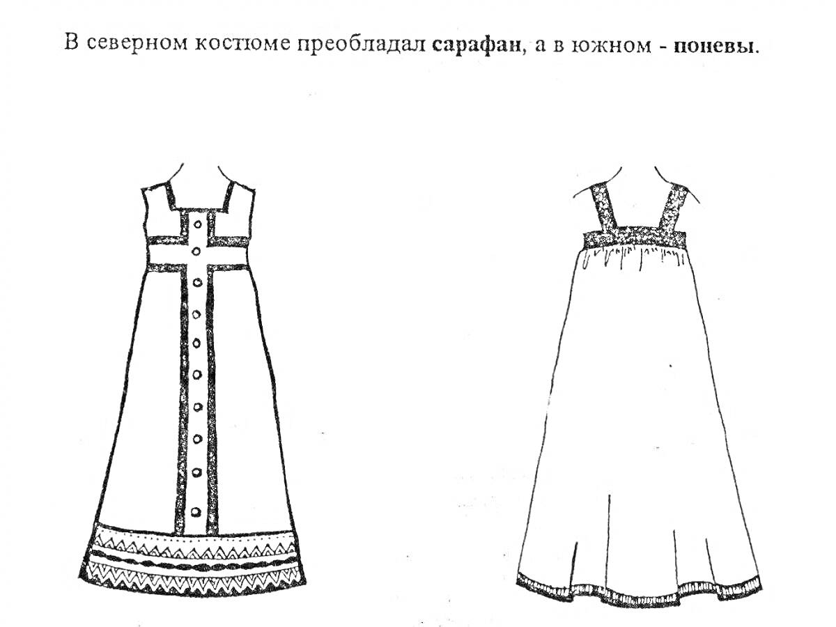 Раскраска Русский народный сарафан в северном и южном костюме