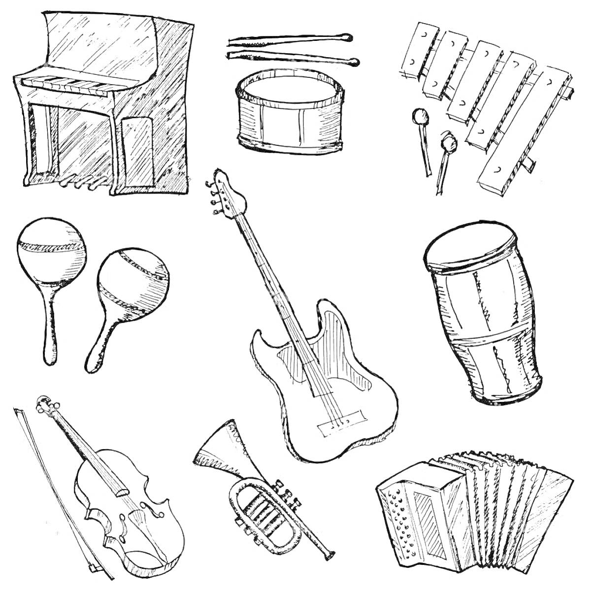 Раскраска Набор музыкальных инструментов – пианино, барабаны, ксилофон, маракасы, электрогитара, бубен, тромбон, скрипка, аккордеон