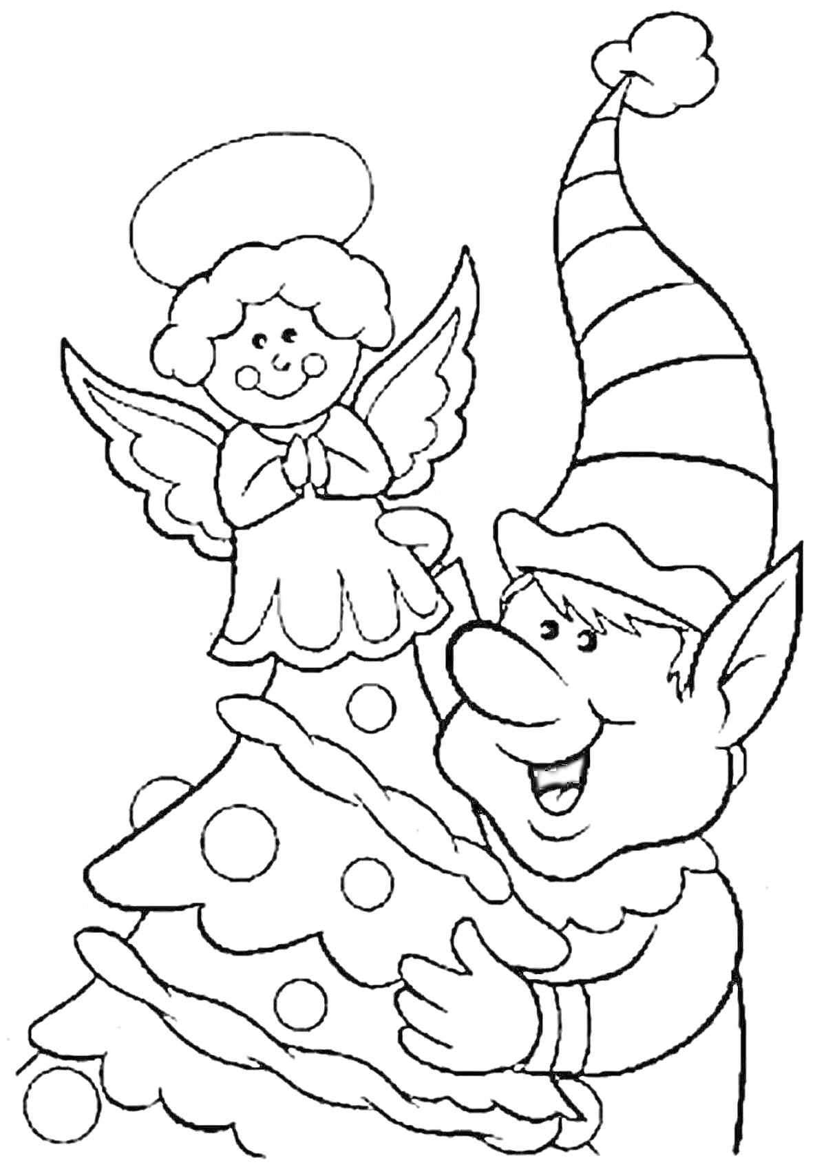 Раскраска Эльф украшает рождественскую ёлку ангелом