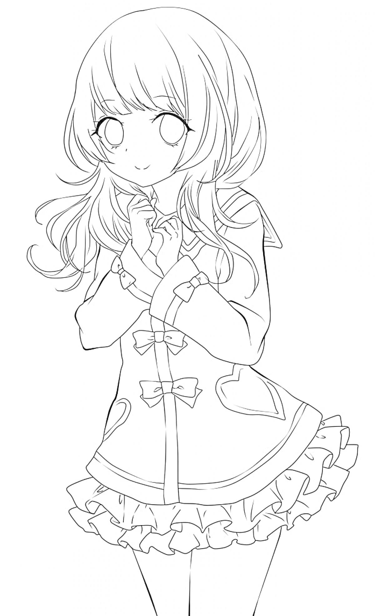 Раскраска Девушка аниме с длинными волосами в школьной форме с бантиками, стоящая в полный рост