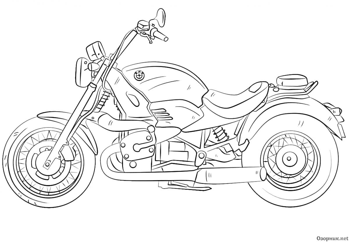 Раскраска Мотоцикл с зеркалом, рулём, сиденьем, топливным баком, двигателем, глушителем, передним и задним колесом