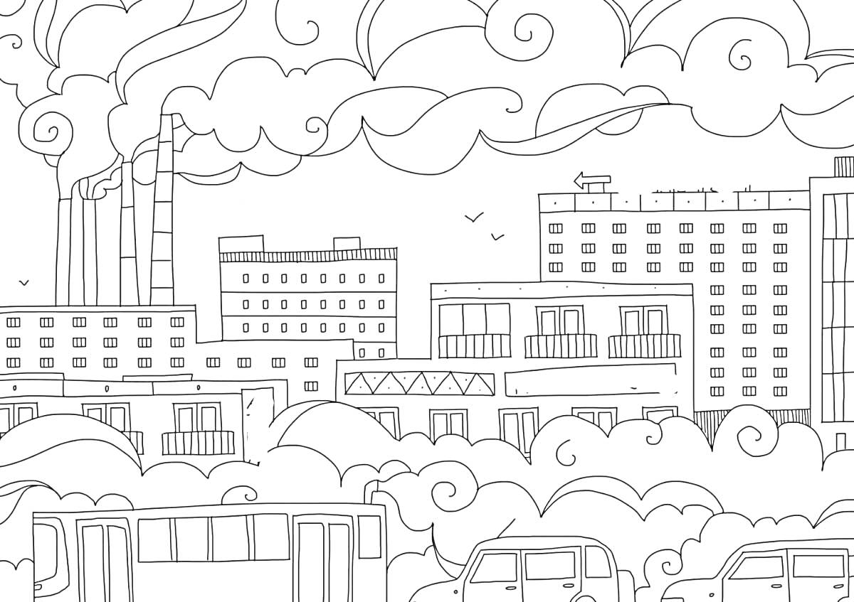 На раскраске изображено: Будущее, Здания, Завод, Дым, Многоэтажки, Школа