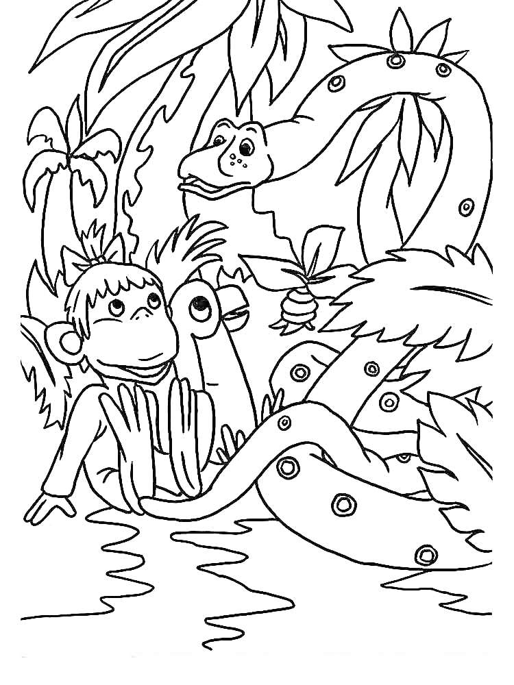 Раскраска Обезьяна, попугай, удав и слоненок в джунглях среди деревьев и пальм