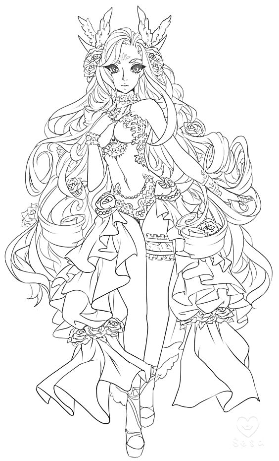 Раскраска Девушка в аниме стиле с длинными волосами, короной с украшениями на голове и пышным платьем