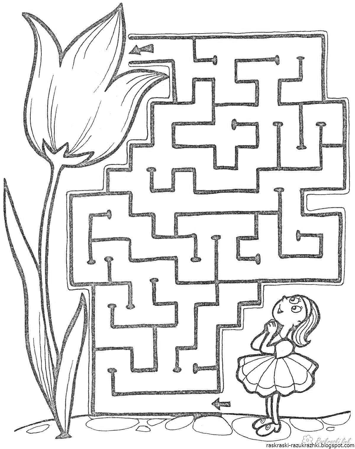 Раскраска Лабиринт с девочкой и цветком