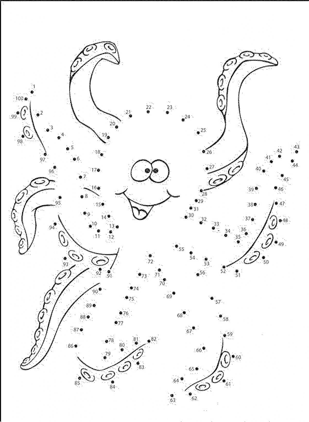 Раскраска Осминог из точек с улыбающимся лицом и закрученными щупальцами