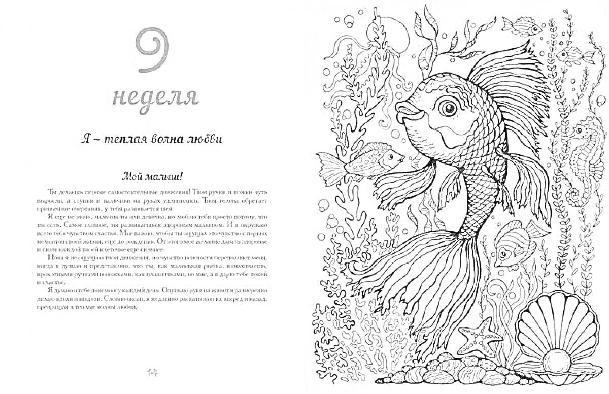 Раскраска 9 неделя, текст о беременности, большая рыба, маленькие рыбки, водоросли, ракушка