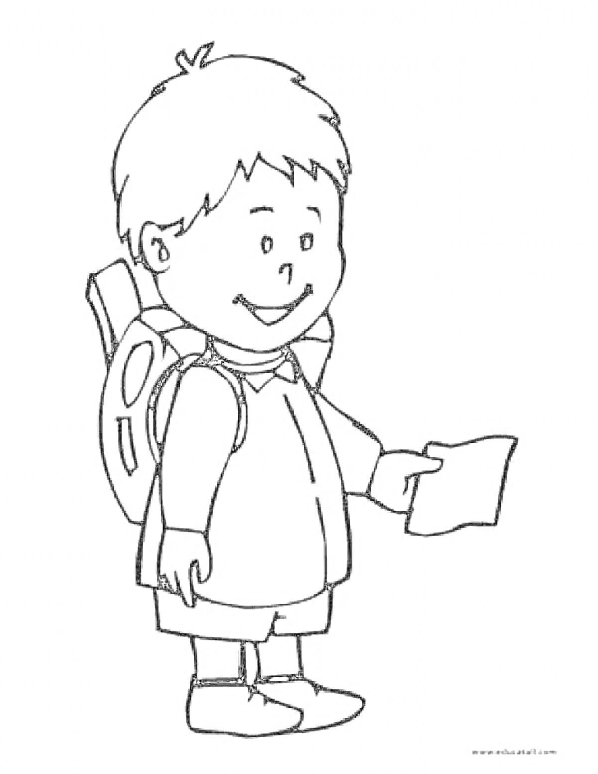 На раскраске изображено: Рюкзак, Лист бумаги, Школа, Образование, Мальчик
