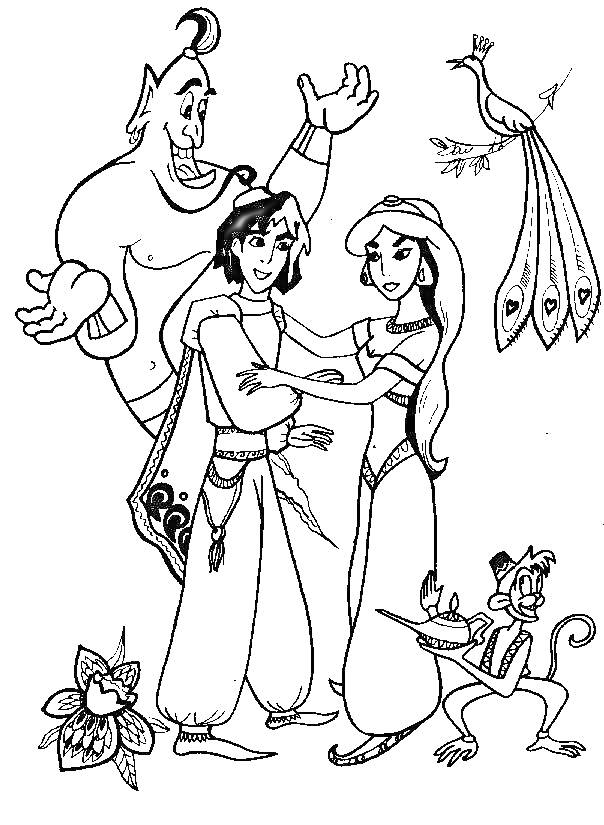 Аладдин и Жасмин с Джинном, обезьяной и павлином